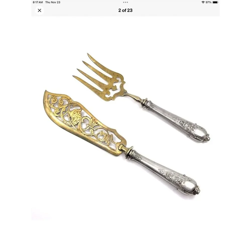 Rare Antq Ornate Motif Fish Dining Serving Set Silver Parcel Gilt Cutlery HTF